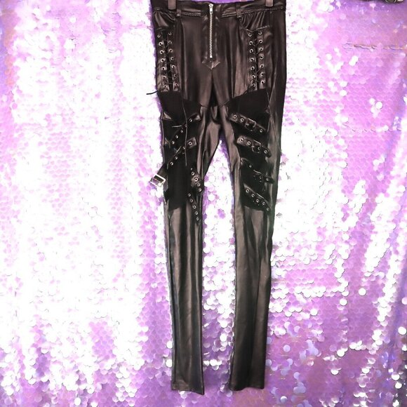 VINYL BUCKLE PANTS XS Devil Fashion Fishnet Cyber Goth Bikercore PVC PU Black - Picture 7 of 15
